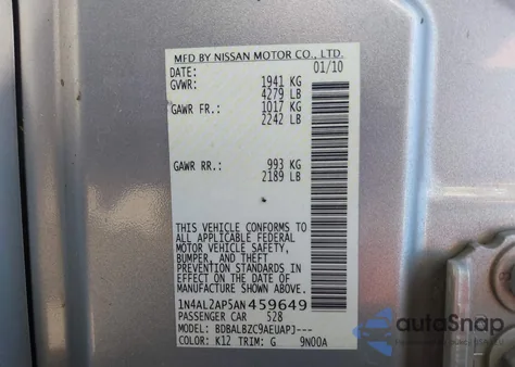 2010 Nissan Altima 2.5 S from USA, damaged, VIN 1N4AL2AP5AN459649